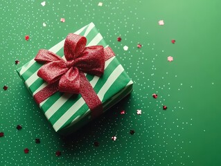 Top view Christmas gift box on green striped background with red accents and confetti, minimalist photorealistic composition. Wide-angle shot with centered copy space ideal for holiday cards, 