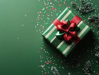 Top view of Christmas gift box on green background with red and white stripes, confetti, in minimalistic photorealistic style. Wide-angle shot with copy space, ideal for holiday cards, social media 