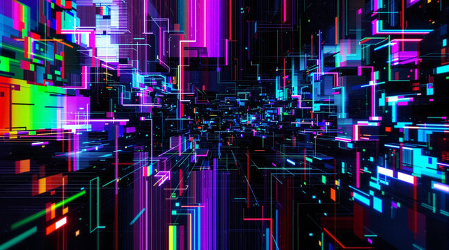 Digital Circuitry: A mesmerizing display of interconnected digital circuits pulsates with vibrant neon light, suggesting a network of information and data flow.
