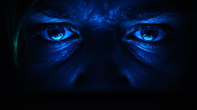 Mysterious Gaze: A close-up view of intensely focused eyes that are illuminated with an ethereal blue glow, against a stark backdrop, drawing the viewer into a realm of deep emotion and untold story.