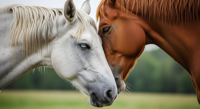 Close up of two horses touching heads in field - Powered by Adobe