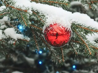 Close-up shot of snow-covered evergreen tree with red Christmas ornament and blue lights. Festive winter scene ideal for holiday card design, background, and seasonal promotions.