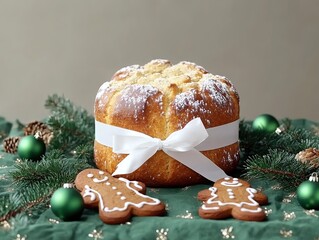 Round panettone with white ribbon on green tablecloth with pine branches and Christmas decorations, holiday theme design for greeting cards, social media, or festive packaging with copy space.