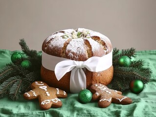 Traditional round panettone with white ribbon on green tablecloth, surrounded by pine branches and Christmas decorations with emerald ornaments on light gray background, gingerbread cookie and copy 