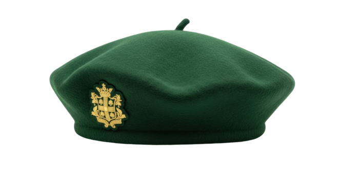 Isolated military green beret with golden emblem. Army special forces uniform headwear accessory