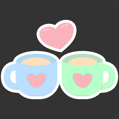 Cute Pastel Couple Cups with Hearts, Romantic Cozy Illustration.