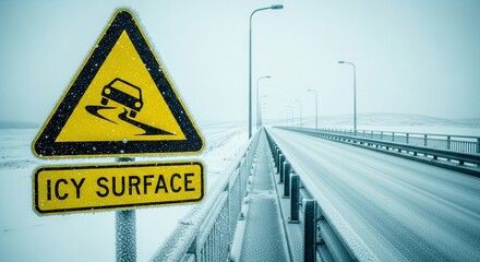 Icy Road Warning Sign Displayed On The Roadside On A Snowy Day During Winter Season