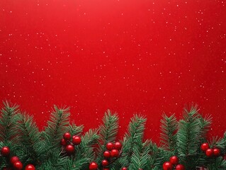 Red gradient background with Christmas tree branches at bottom, incorporating Chinese New Year festive elements, top copy space for text or logo in high-resolution holiday promotional background.