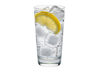 Isolated gin and tonic cocktail with lemon and ice cubes in a glass; summer drink