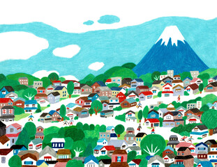 手描きイラスト　富士山の見える町とそこに住々む人	