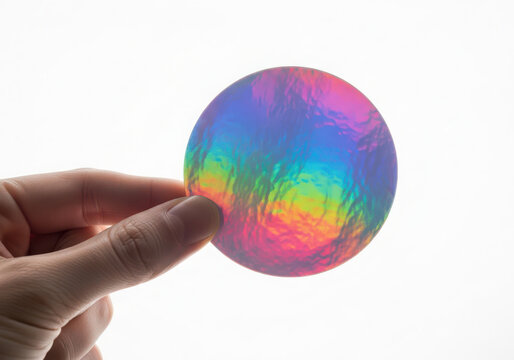 Hand holding a vibrant circular iridescent holographic film sticker on white - Powered by Adobe