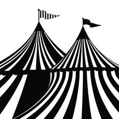 Classic circus tent duo with striped patterns and flags, evoking vintage entertainment and showtime excitement. Vector, illustration