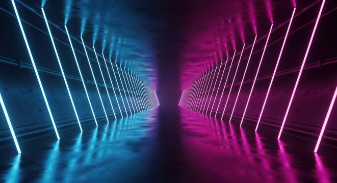 Dynamic blue and pink neon light tunnel with glowing lines and reflections
