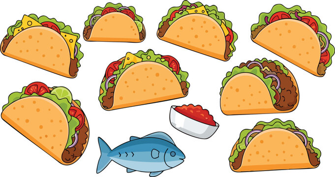 Pixel Art Tacos Fish and Salsa White Background Vibrant Colors