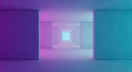 Long futuristic tunnel with vibrant neon gradient lighting and receding columns