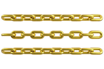 Straight gold chain lengths arranged in parallel on transparent background 