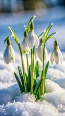 Delicate white snowdrops with green stems and leaves emerging through the thick layer of fresh snow