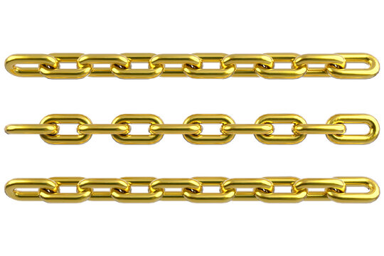 Straight gold chain lengths arranged in parallel on transparent background 