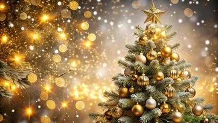 Glittering snowflakes falling on a luxurious Christmas tree decorated with gold ornaments and sparkling fairy lights