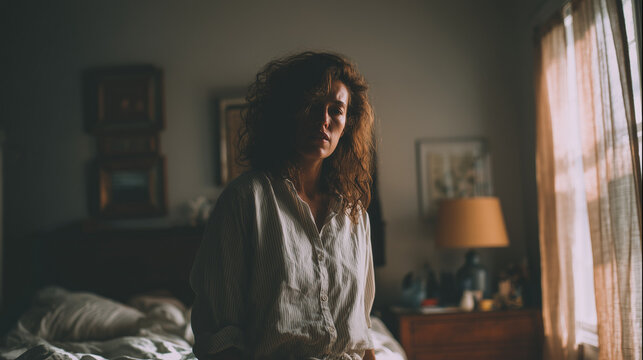 Woman Sitting on Bed in Bedroom by Sunlit Window.