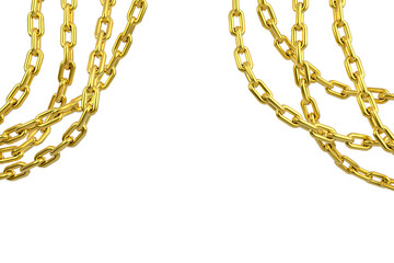 Vertical hanging gold chain strands on transparent background 