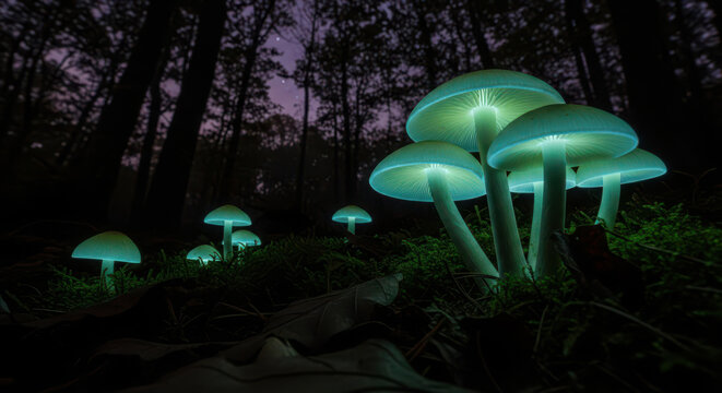 Ethereal glow of bioluminescent mushrooms illuminates a mysterious forest