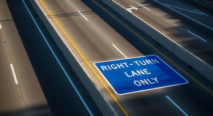 Highway Right Turn Lane Sign Illuminated By Sunlight During A Sunny Day