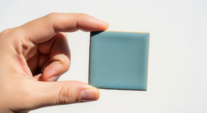 Hand holding small square teal ceramic tile, perfect for design material samples