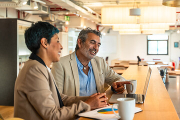 Diverse business colleagues collaborating on laptop in modern office