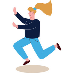 Happy young woman with blonde ponytail wearing dark blue sweater and light blue jeans joyfully running with arms raised in a celebratory pose against a white background, vector illustration