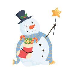 Magical snowman holding glowing star wand and festive gift stocking, bringing holiday charm. Whimsical winter character for Christmas cards, kids designs, prints, stickers and cheerful vector graphics