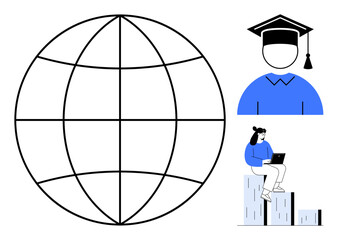 Globe symbolizing global learning, graduate cap for education, student with laptop on columns visualizing skills, growth. Ideal for education, e-learning, remote work, global knowledge, study abroad