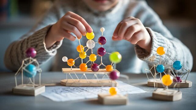 Child engaged in creative play with colorful molecular models, educational games and construction sets