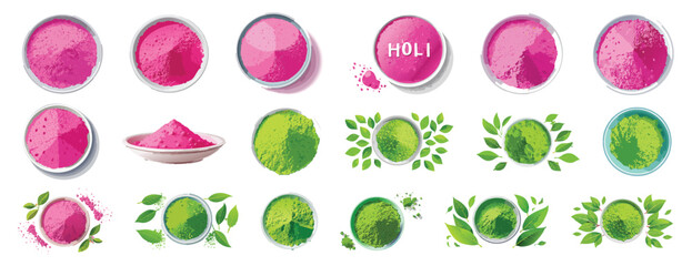 Holi Gulal and Green Powder Bowls Collection Top View Vector Set