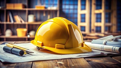 A yellow hardhat sits on a construction site workbench with tools and blueprints scattered around it