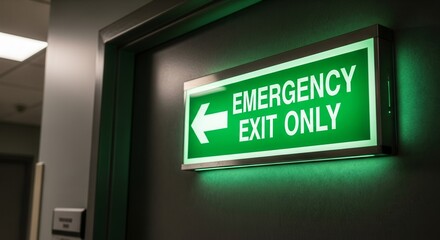 Illuminated Emergency Exit Sign Directive Indicating Necessary Evacuation Route, Safety First