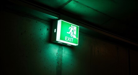 Illuminated Emergency Exit Sign Guides People Away From Danger In Dark Space