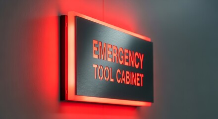 Illuminated Emergency Tool Cabinet Sign Reflecting Red Light on Metallic Surface