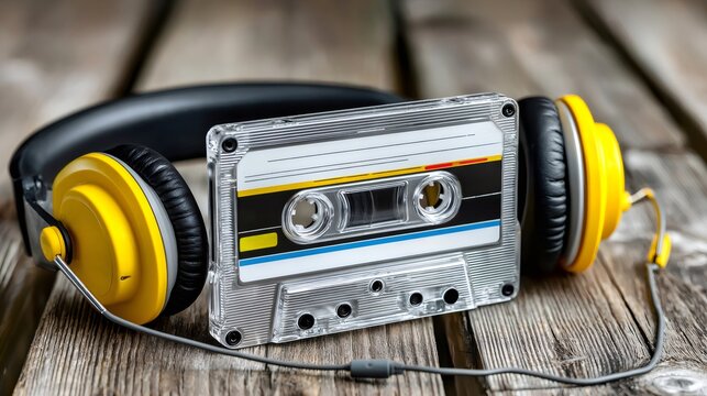 Cassette tape and headphones creating retro music concept