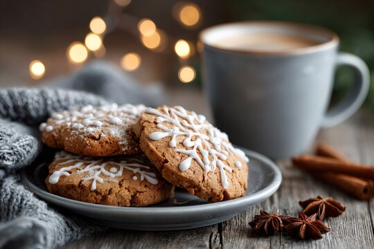 Gingerbread cookies with coffee creating cozy winter atmosphere - Powered by Adobe