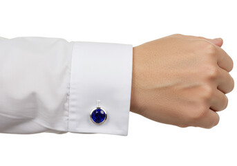 Isolated shot of a man's hand wearing a white dress shirt with a blue gem cufflink item
