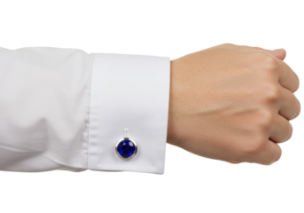 Isolated shot of a man's hand wearing a white dress shirt with a blue gem cufflink item