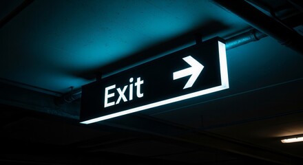 Illuminated Exit Sign Directs the Way in a Dark and Mysterious Environment