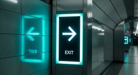 Illuminated Exit Sign Directs Forward In Modern Architectural Space During Modern Times