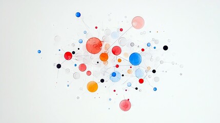 A network of interconnected circles in various colors like red, blue, and orange, against a clean white background.