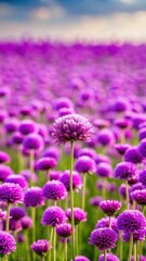 Fototapeta premium Field of purple flowers with individual blooms isolated from the rest of the field