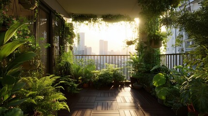 Obraz premium Green balcony filled with plants overlooking a city skyline during sunset