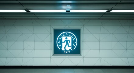 Illuminated Exit Sign Signals Direction And Guidance In A Tiled Corridor