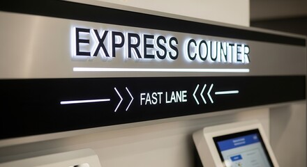 Illuminated Express Counter and Fast Lane Directional Sign Indicating Swift Checkouts