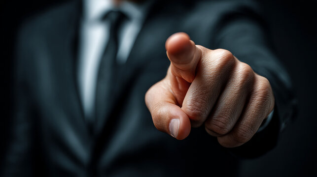 A man in a suit pointing directly at the viewer with a dark background